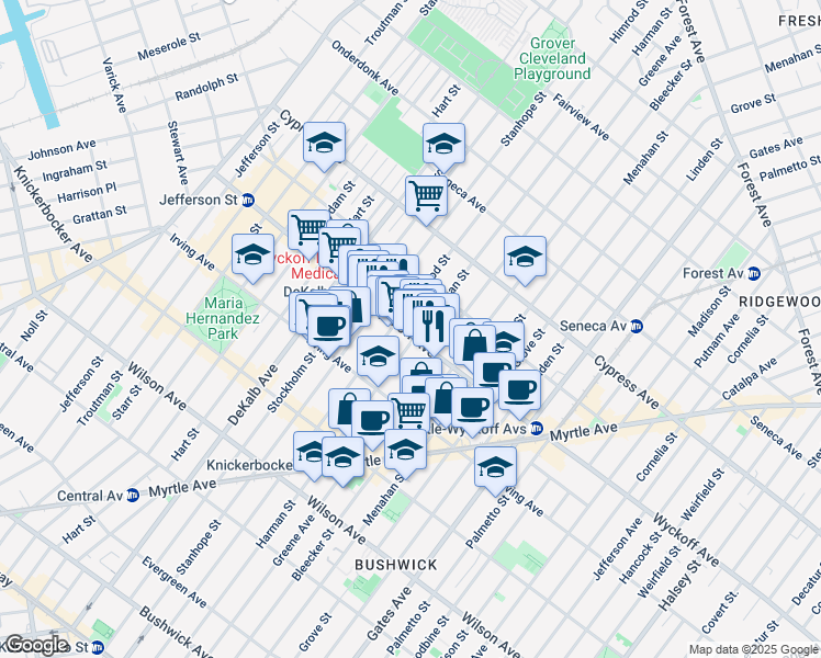 map of restaurants, bars, coffee shops, grocery stores, and more near 179 Wyckoff Avenue in Brooklyn