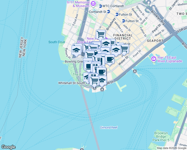 map of restaurants, bars, coffee shops, grocery stores, and more near 34 Whitehall Street in New York