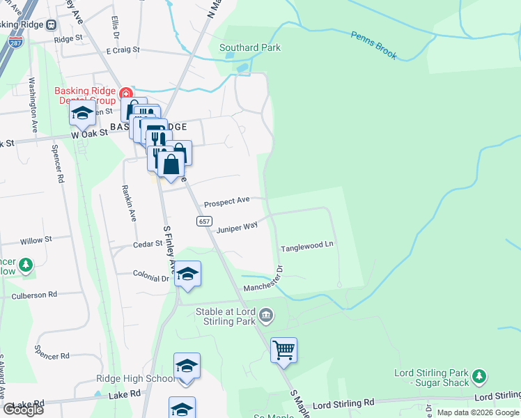 map of restaurants, bars, coffee shops, grocery stores, and more near 76 Manchester Drive in Bernards