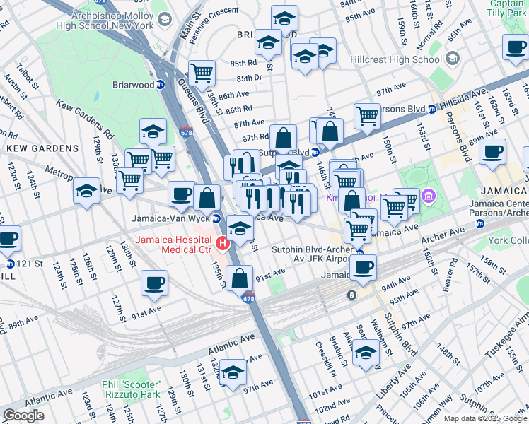 map of restaurants, bars, coffee shops, grocery stores, and more near 138-45 Jamaica Avenue in Queens