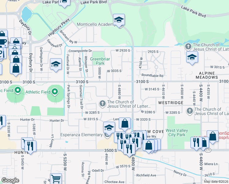 map of restaurants, bars, coffee shops, grocery stores, and more near 3161 Branden Drive in Salt Lake City