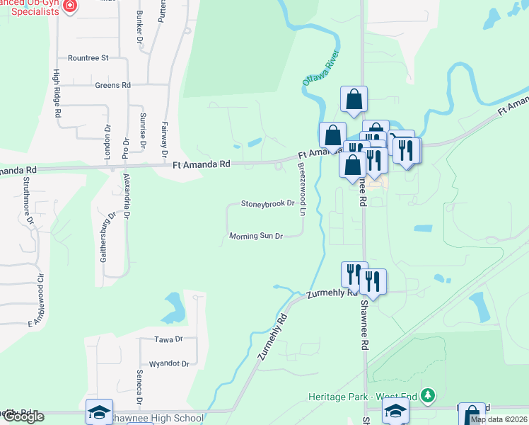 map of restaurants, bars, coffee shops, grocery stores, and more near 2957 Stoneybrook Drive in Lima