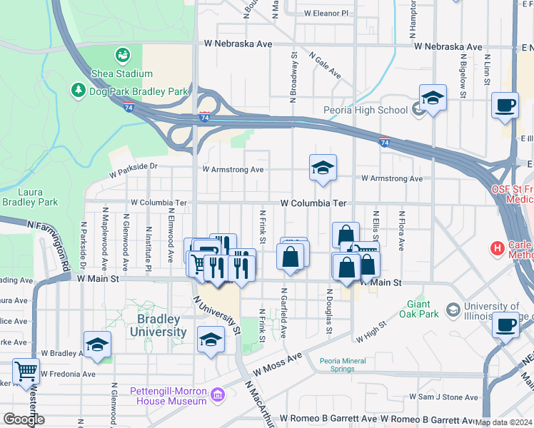 map of restaurants, bars, coffee shops, grocery stores, and more near 1222 North Frink Street in Peoria