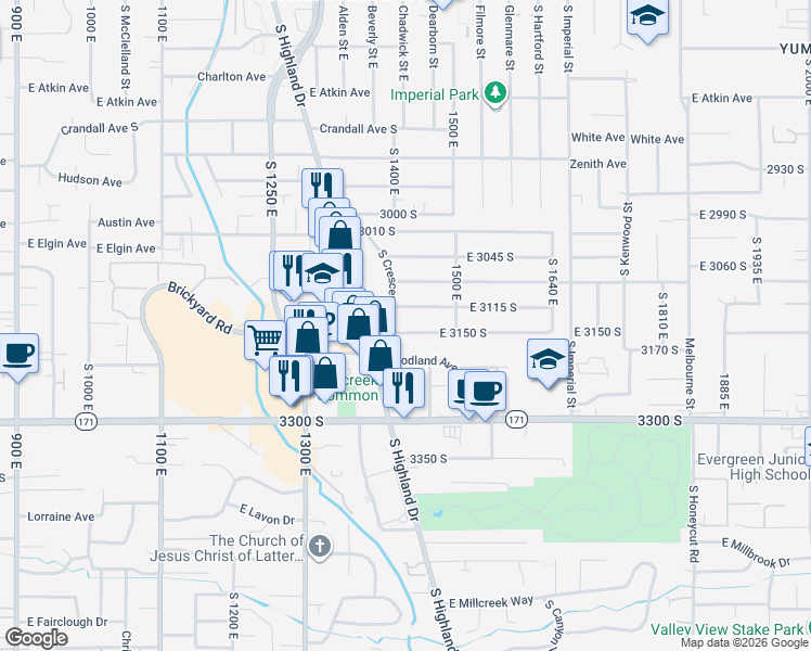 map of restaurants, bars, coffee shops, grocery stores, and more near 1437 East 3150 South in Salt Lake City