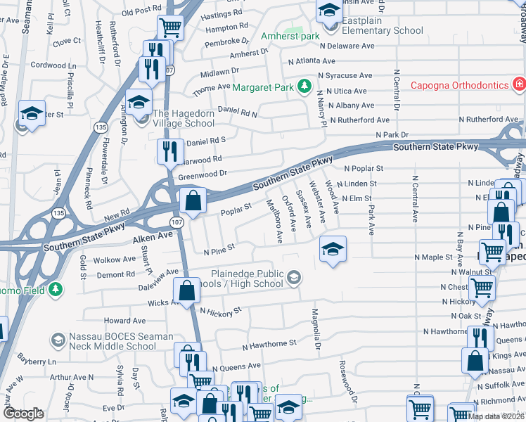 map of restaurants, bars, coffee shops, grocery stores, and more near 23 Rutland Road in Massapequa