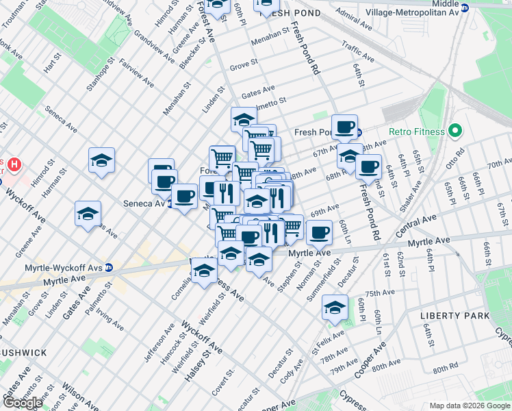 map of restaurants, bars, coffee shops, grocery stores, and more near 870 Woodward Avenue in Queens