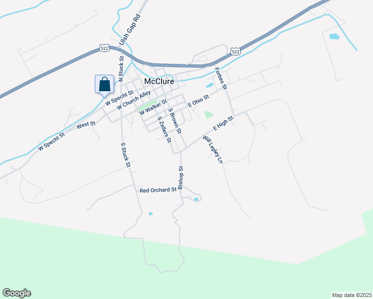 map of restaurants, bars, coffee shops, grocery stores, and more near 2 West High Street in McClure