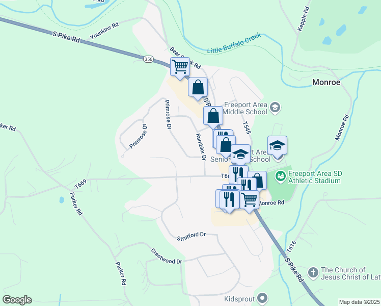 map of restaurants, bars, coffee shops, grocery stores, and more near 201 Primrose Drive in Sarver
