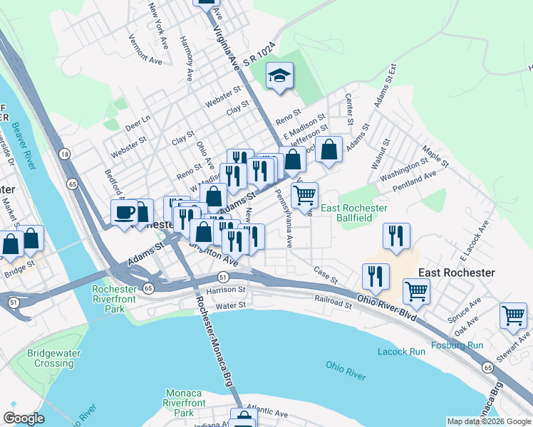 map of restaurants, bars, coffee shops, grocery stores, and more near 411 Jackson Street in Rochester