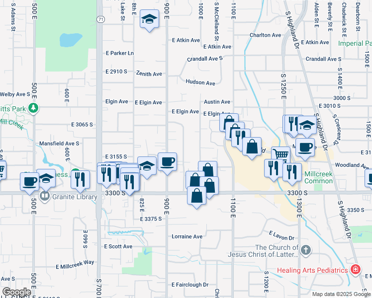 map of restaurants, bars, coffee shops, grocery stores, and more near 3139 South 945 East in Salt Lake City