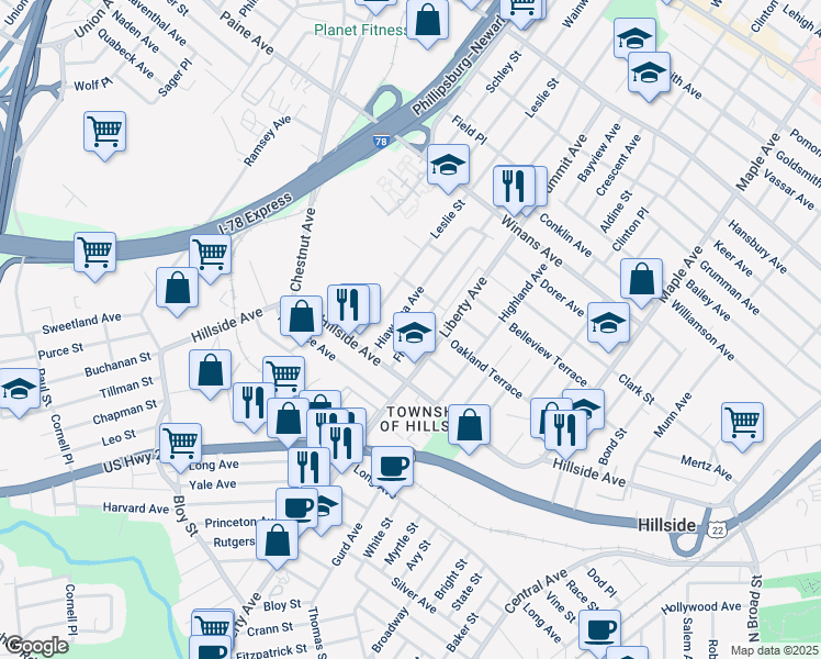 map of restaurants, bars, coffee shops, grocery stores, and more near 1435 Franklin Street in Hillside