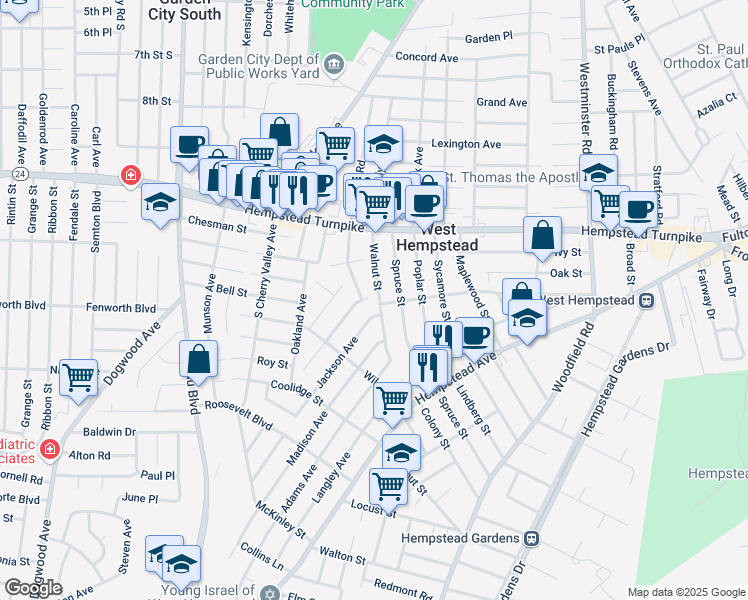 map of restaurants, bars, coffee shops, grocery stores, and more near 308 Jackson Avenue in West Hempstead