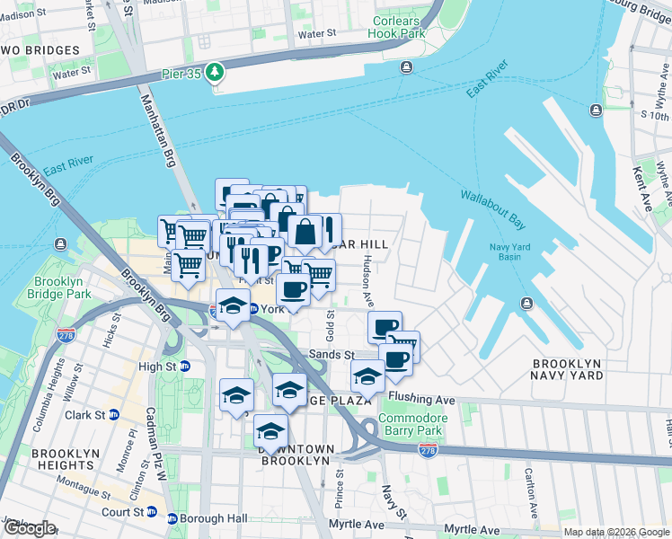 map of restaurants, bars, coffee shops, grocery stores, and more near 251 Front Street in Brooklyn