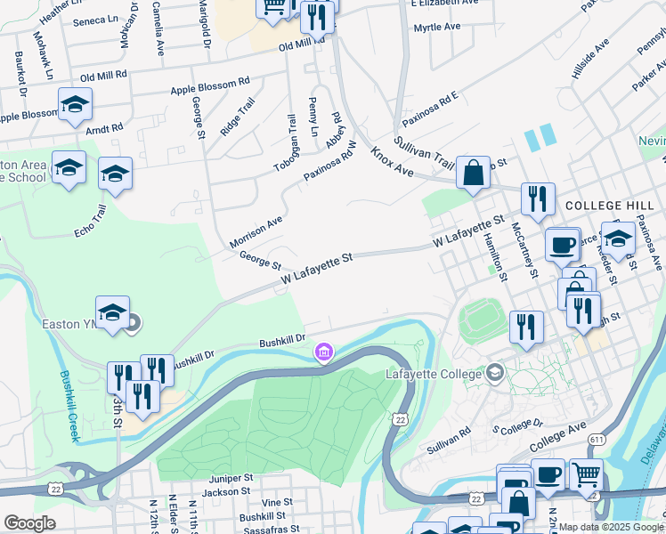 map of restaurants, bars, coffee shops, grocery stores, and more near 1036 West Lafayette Street in Easton