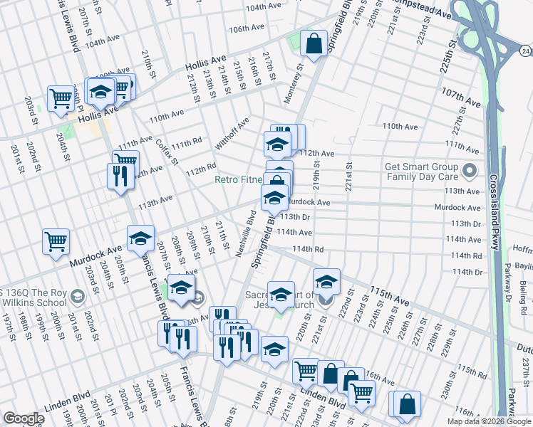 map of restaurants, bars, coffee shops, grocery stores, and more near 213-16 Nashville Boulevard in Queens