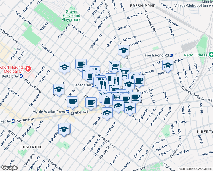 map of restaurants, bars, coffee shops, grocery stores, and more near 18-29 Madison Street in Queens