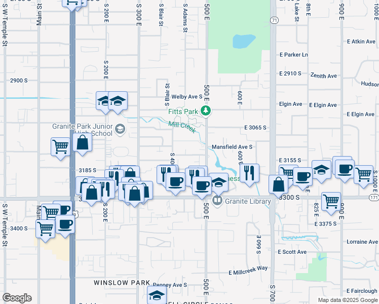map of restaurants, bars, coffee shops, grocery stores, and more near 445 East Lambourne Avenue in South Salt Lake