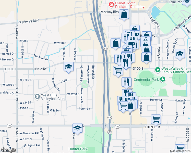 map of restaurants, bars, coffee shops, grocery stores, and more near 3177 Burdock Drive in Salt Lake City