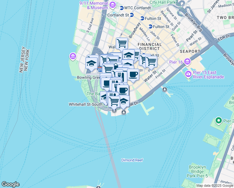 map of restaurants, bars, coffee shops, grocery stores, and more near 81 Whitehall Street in New York