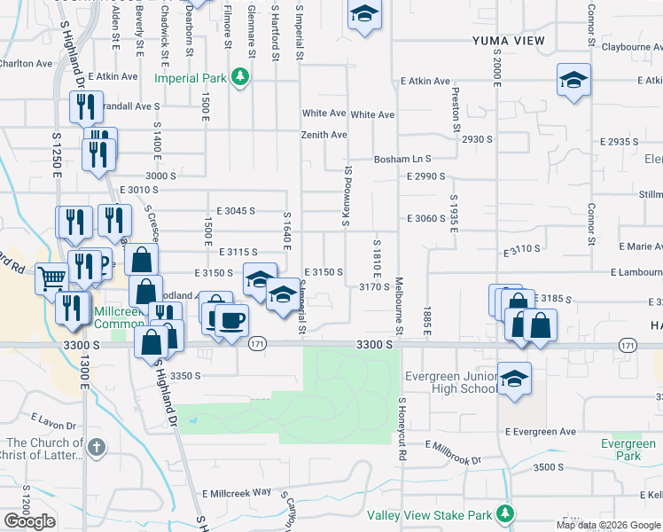 map of restaurants, bars, coffee shops, grocery stores, and more near 3152 South Kenwood Street in Salt Lake City