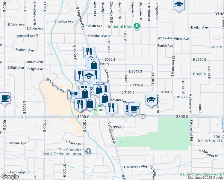 map of restaurants, bars, coffee shops, grocery stores, and more near 1424 East 3150 South in Salt Lake City