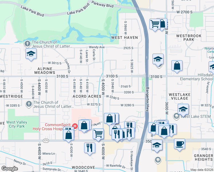 map of restaurants, bars, coffee shops, grocery stores, and more near 3174 Scottsdale Drive in West Valley City