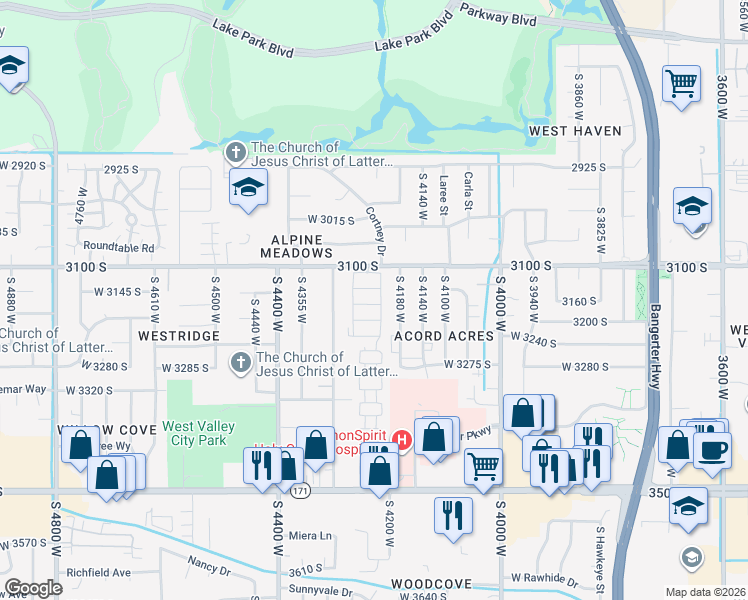 map of restaurants, bars, coffee shops, grocery stores, and more near 3183 Eastcrest Road in West Valley City