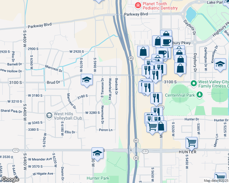 map of restaurants, bars, coffee shops, grocery stores, and more near 3173 Waterleaf Way in West Valley City