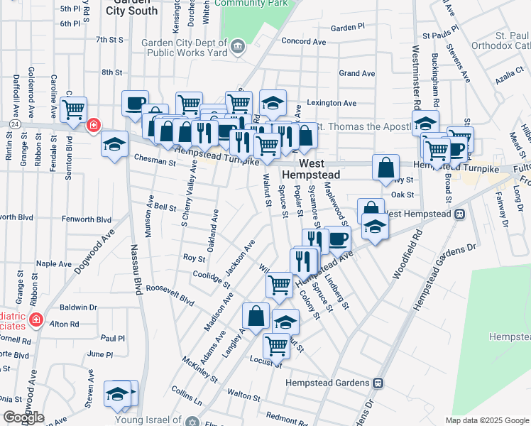 map of restaurants, bars, coffee shops, grocery stores, and more near 308 Jackson Avenue in West Hempstead