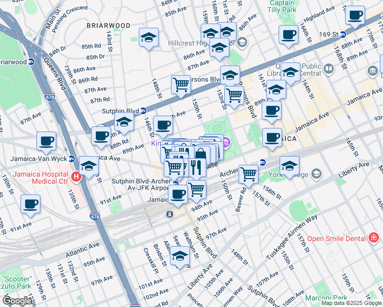 map of restaurants, bars, coffee shops, grocery stores, and more near 148-27 Jamaica Avenue in Queens