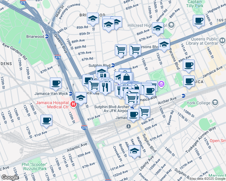 map of restaurants, bars, coffee shops, grocery stores, and more near 89-24 145th Street in Queens