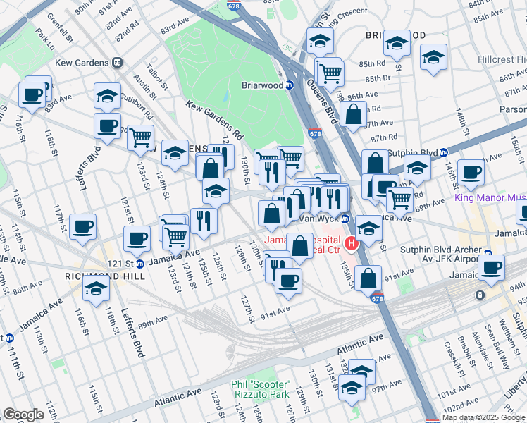 map of restaurants, bars, coffee shops, grocery stores, and more near 86-39 131st Street in Queens