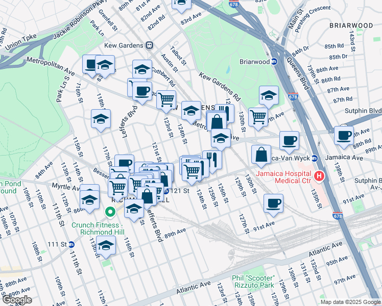 map of restaurants, bars, coffee shops, grocery stores, and more near 124-6 Hillside Avenue in Queens