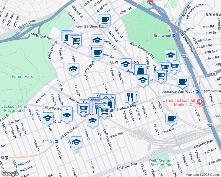 map of restaurants, bars, coffee shops, grocery stores, and more near 122-09 Hillside Avenue in Queens