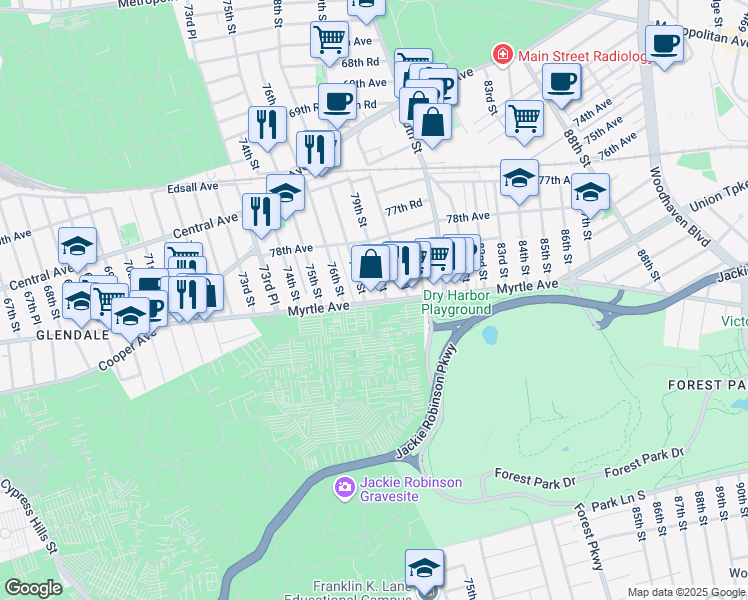 map of restaurants, bars, coffee shops, grocery stores, and more near Myrtle Avenue in Queens