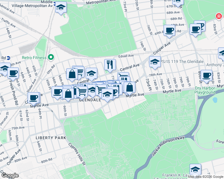 map of restaurants, bars, coffee shops, grocery stores, and more near in Queens