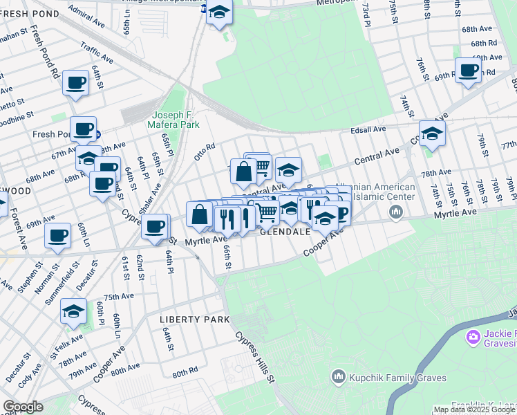 map of restaurants, bars, coffee shops, grocery stores, and more near 71-31 67th Place in Queens