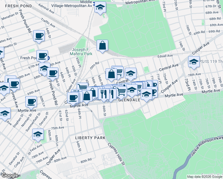 map of restaurants, bars, coffee shops, grocery stores, and more near 71-20 67th Street in Queens