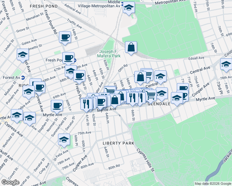 map of restaurants, bars, coffee shops, grocery stores, and more near 2618 Central Avenue in Queens
