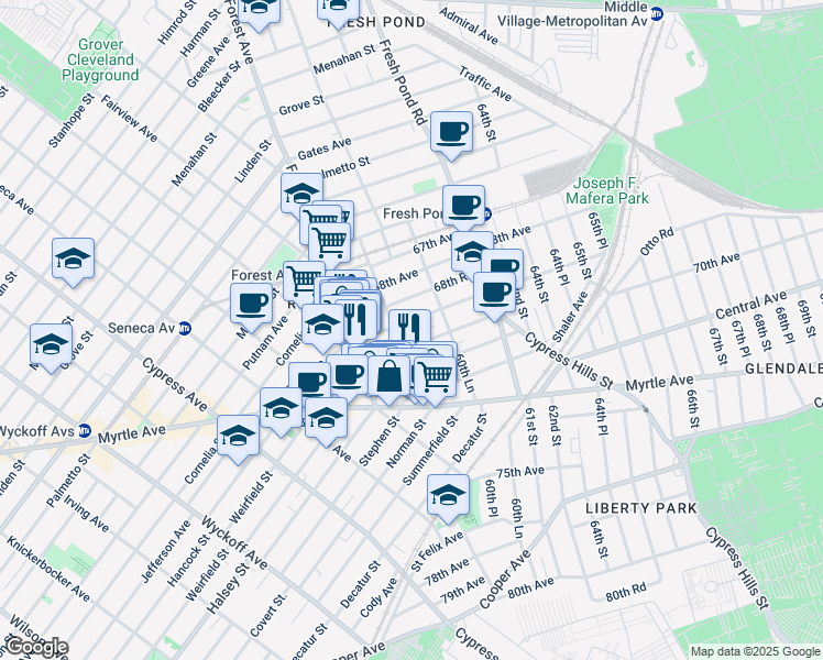 map of restaurants, bars, coffee shops, grocery stores, and more near 60-07 69th Avenue in Queens