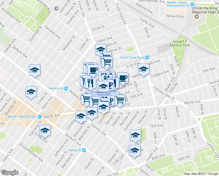 map of restaurants, bars, coffee shops, grocery stores, and more near 870 Woodward Avenue in Queens