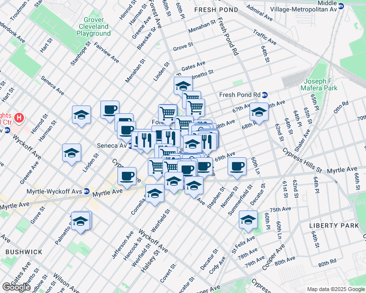 map of restaurants, bars, coffee shops, grocery stores, and more near 18-67 Cornelia Street in Queens