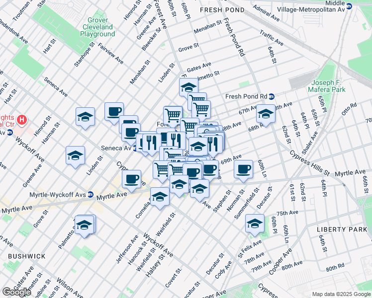 map of restaurants, bars, coffee shops, grocery stores, and more near 18-67 Cornelia Street in Queens