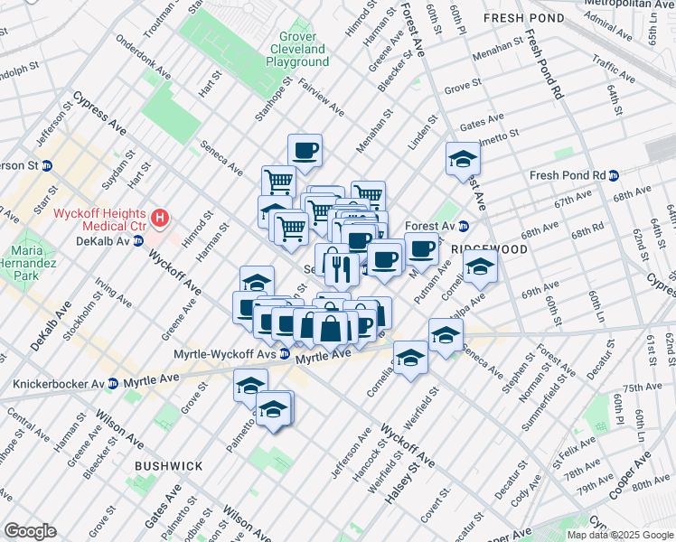map of restaurants, bars, coffee shops, grocery stores, and more near 17-07 Gates Avenue in Queens