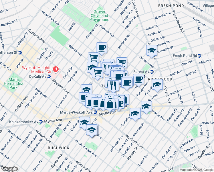 map of restaurants, bars, coffee shops, grocery stores, and more near 17-07 Gates Avenue in Queens