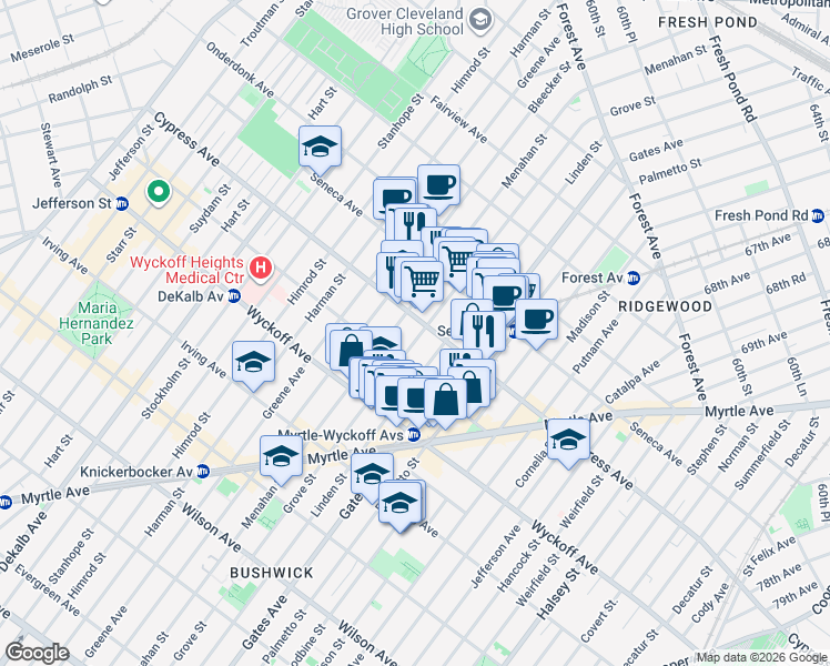 map of restaurants, bars, coffee shops, grocery stores, and more near 16-82 Grove Street in Queens