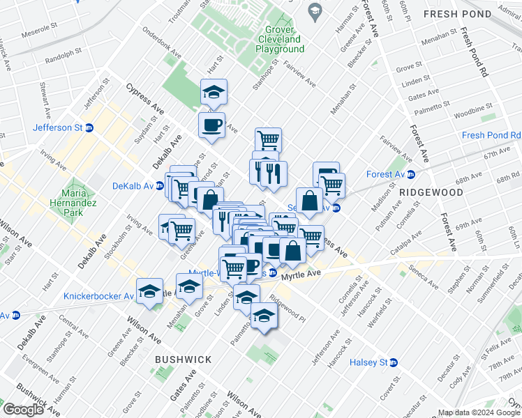 map of restaurants, bars, coffee shops, grocery stores, and more near in Queens