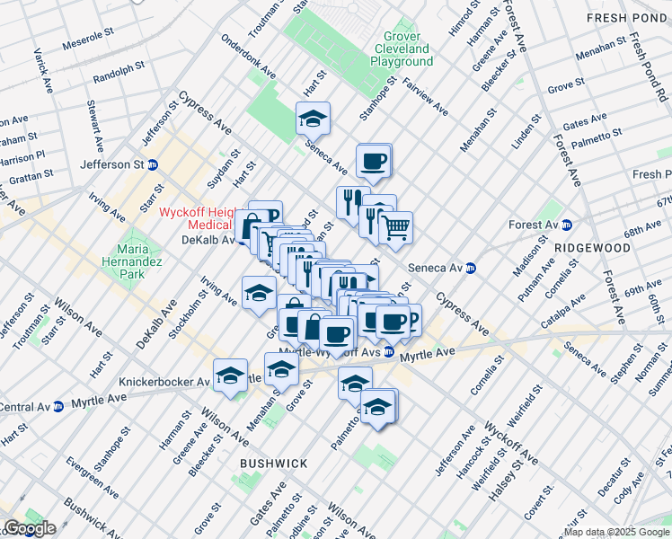 map of restaurants, bars, coffee shops, grocery stores, and more near 397 Bleecker Street in Brooklyn
