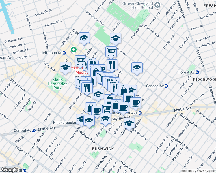 map of restaurants, bars, coffee shops, grocery stores, and more near 179 Wyckoff Avenue in Brooklyn