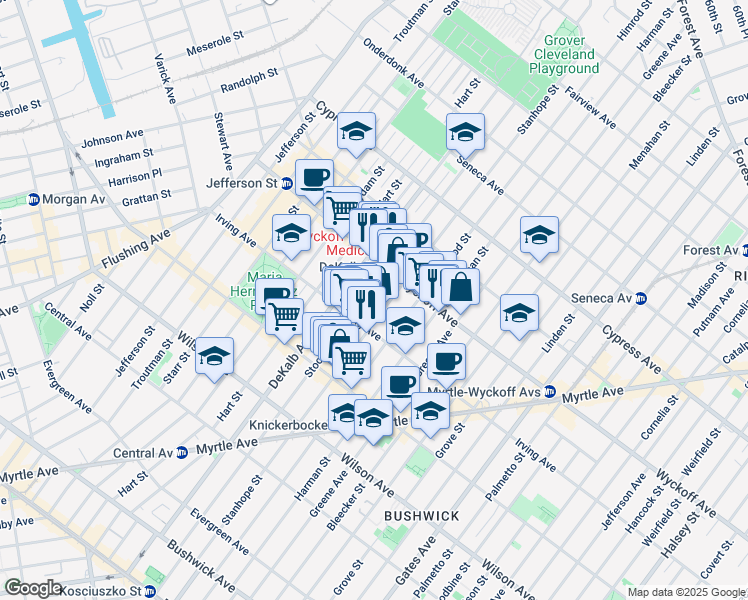 map of restaurants, bars, coffee shops, grocery stores, and more near 300 Stanhope Street in Brooklyn